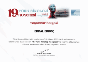 Erdal Erkoc's 19. Turkish Rhinology Congress Certificate of Appreciation- 2025 Istanbul
