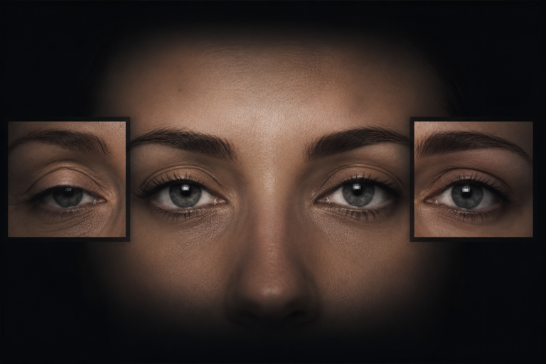 Close-up of the eyes showing upper eyelid skin changes treated with upper blepharoplasty