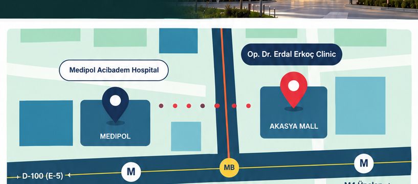 Akasya AVM'deki kliniği ve Medipol Acıbadem Hastanesi'ni gösteren harita