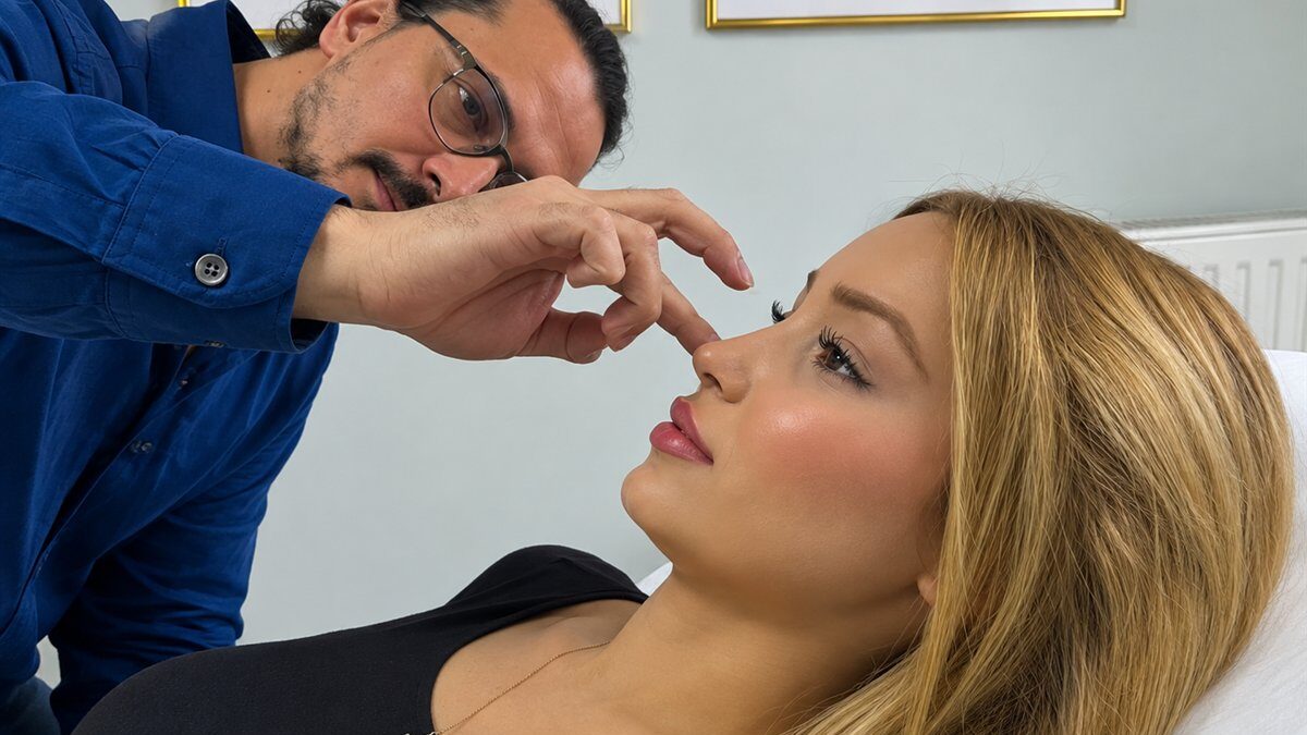 Op. Dr. Erdal Erkoç examining a patient's nose during the design session at the clinic
