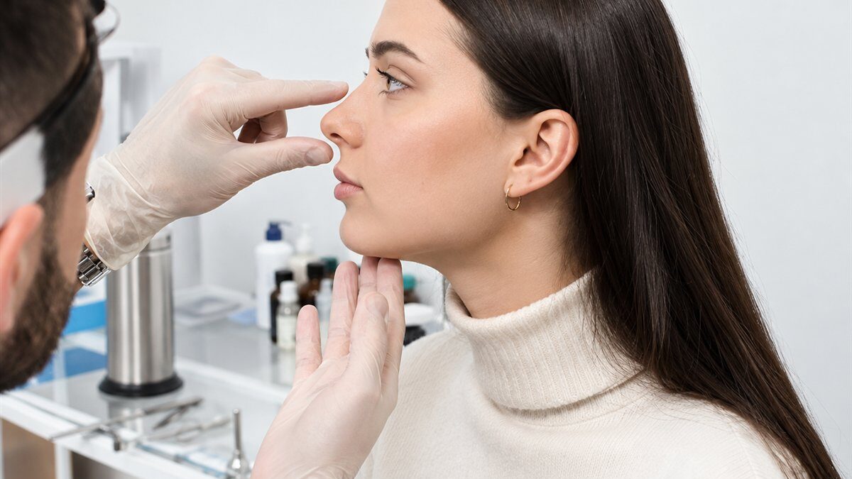 Surgeon gently examining a patient's nose at a check up